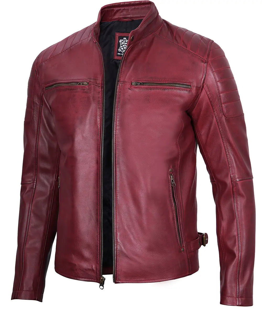 Men's Maroon Cafe Racer Waxed Leather Jacket