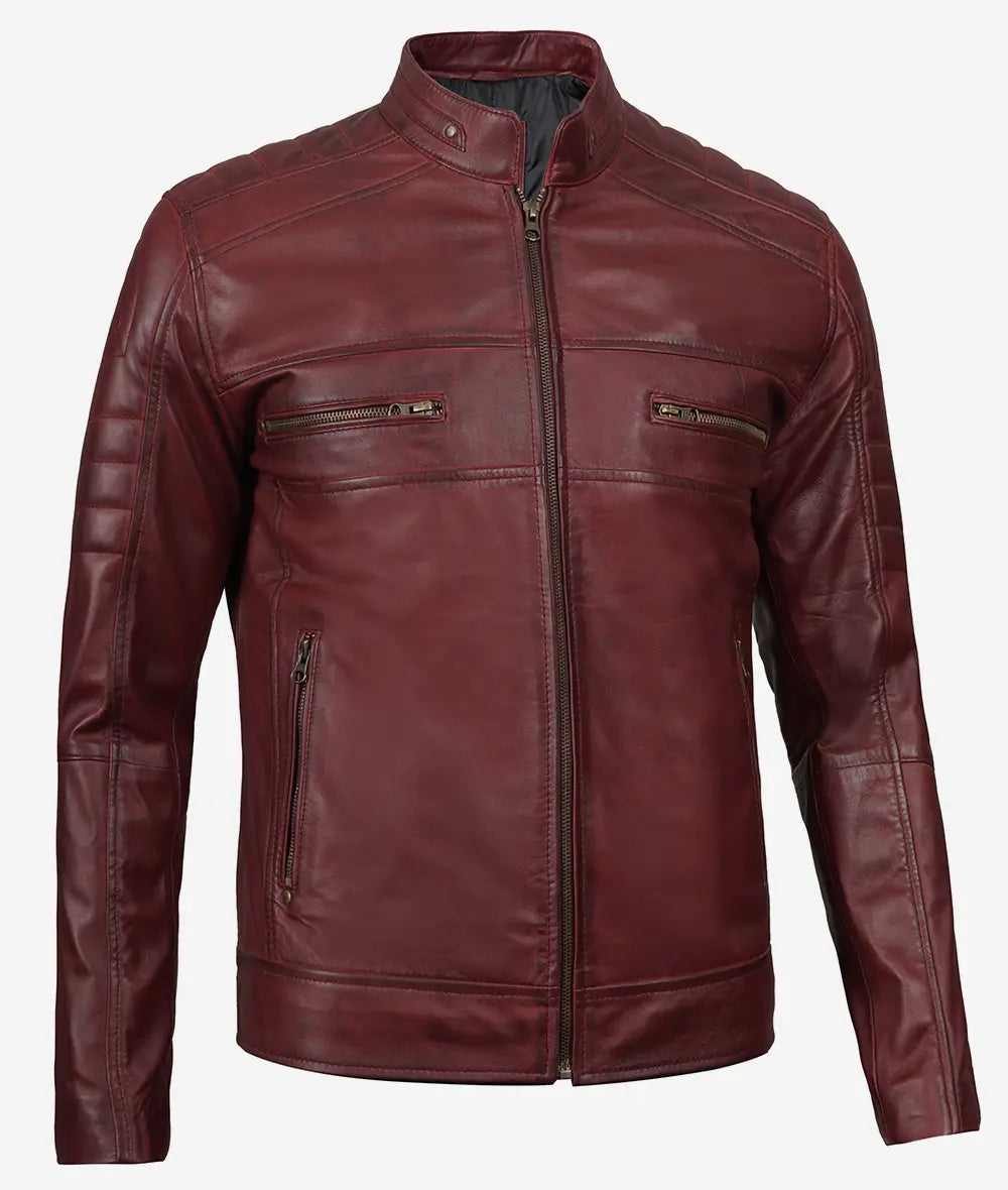 Men's Maroon Cafe Racer Leather Jacket