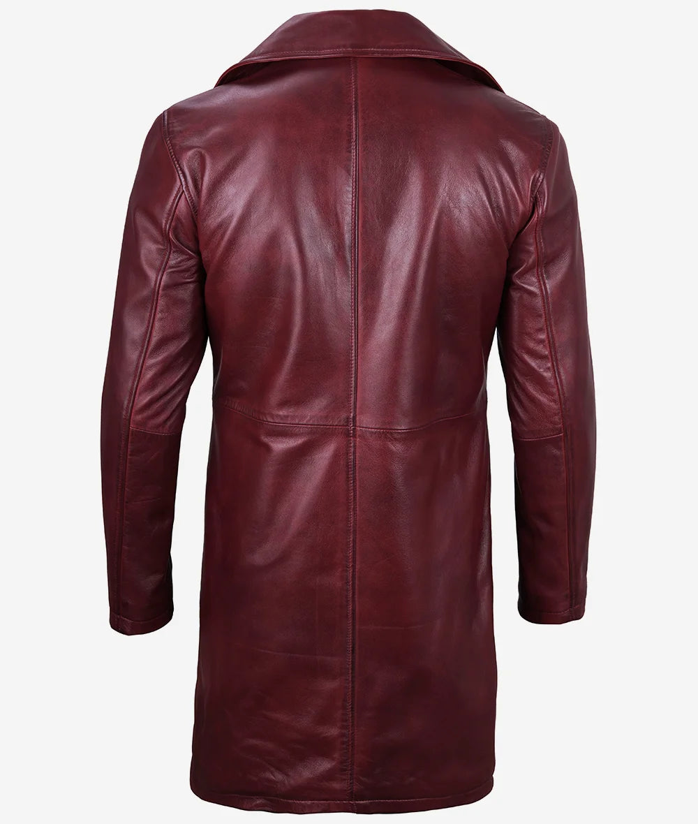 Men's Maroon 3/4 Length Real Leather Car Coat