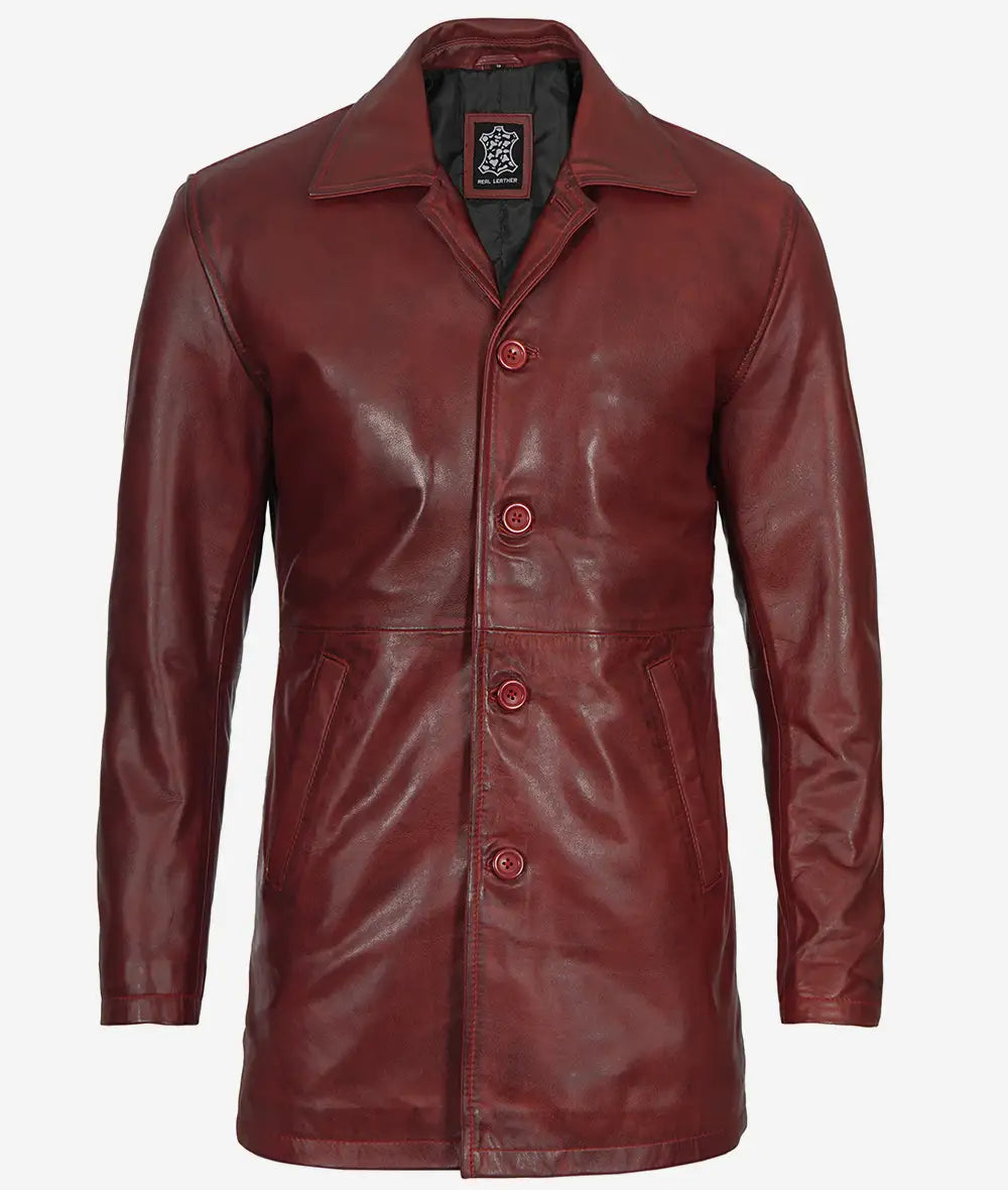 Men's Maroon Real Leather 3/4 Length Coat