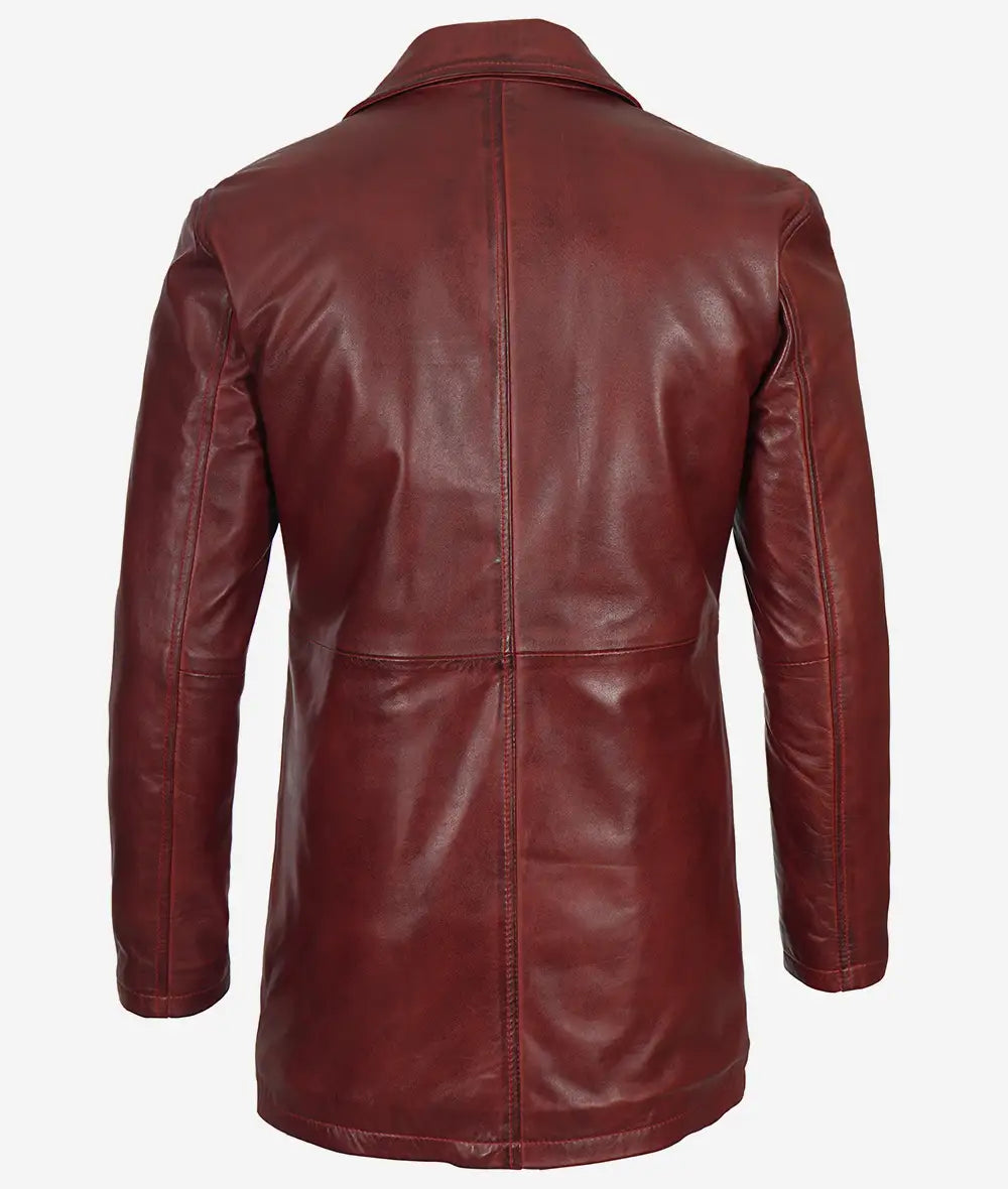 Men's Maroon Real Leather 3/4 Length Coat