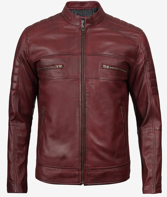 Men's Maroon Cafe Racer Leather Jacket