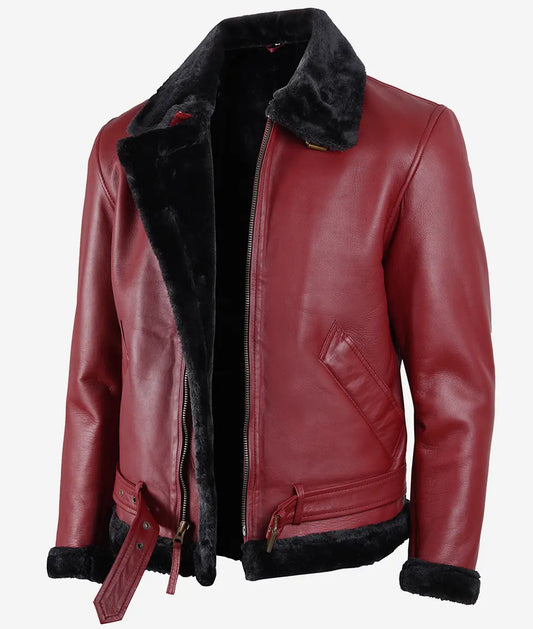 Men's Shearling Maroon Leather Bomber Jacket with a Belted Waist