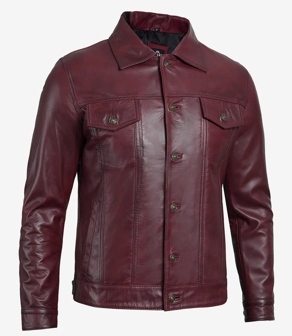 Fernando Men's Maroon Lambskin Leather Trucker Jacket