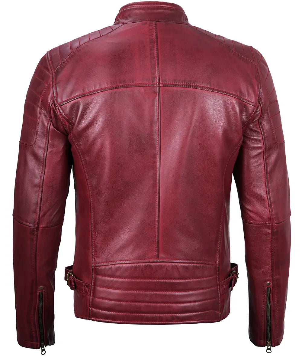 Men's Maroon Cafe Racer Waxed Leather Jacket