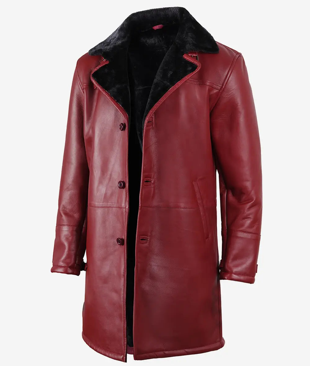 Men's Leather Maroon Coat with Black Shearling Fur