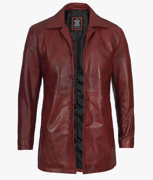 Men's Maroon Real Leather 3/4 Length Coat