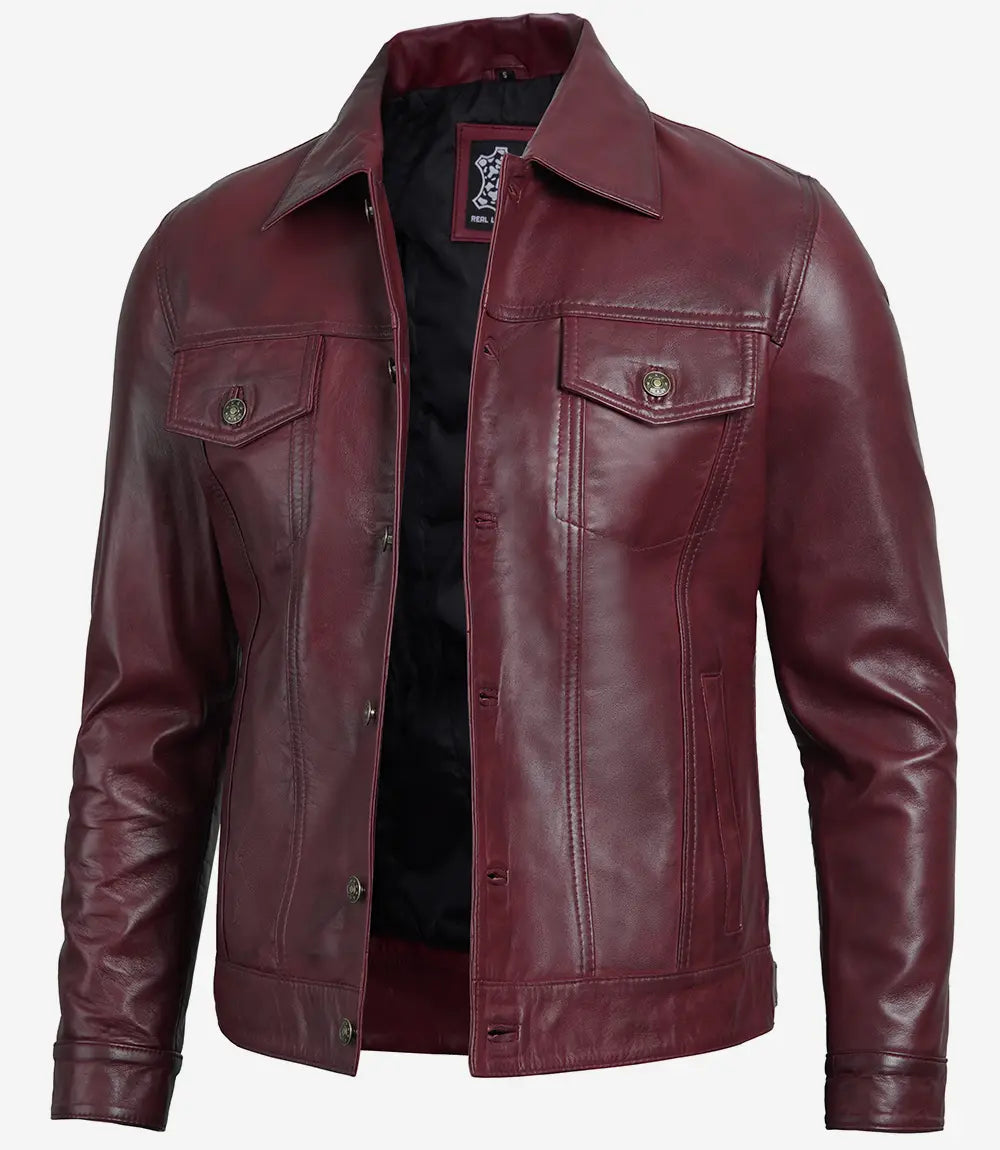 Fernando Men's Maroon Lambskin Leather Trucker Jacket