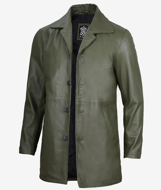 Men's Military Green 3/4 Length Real Leather Car Coat