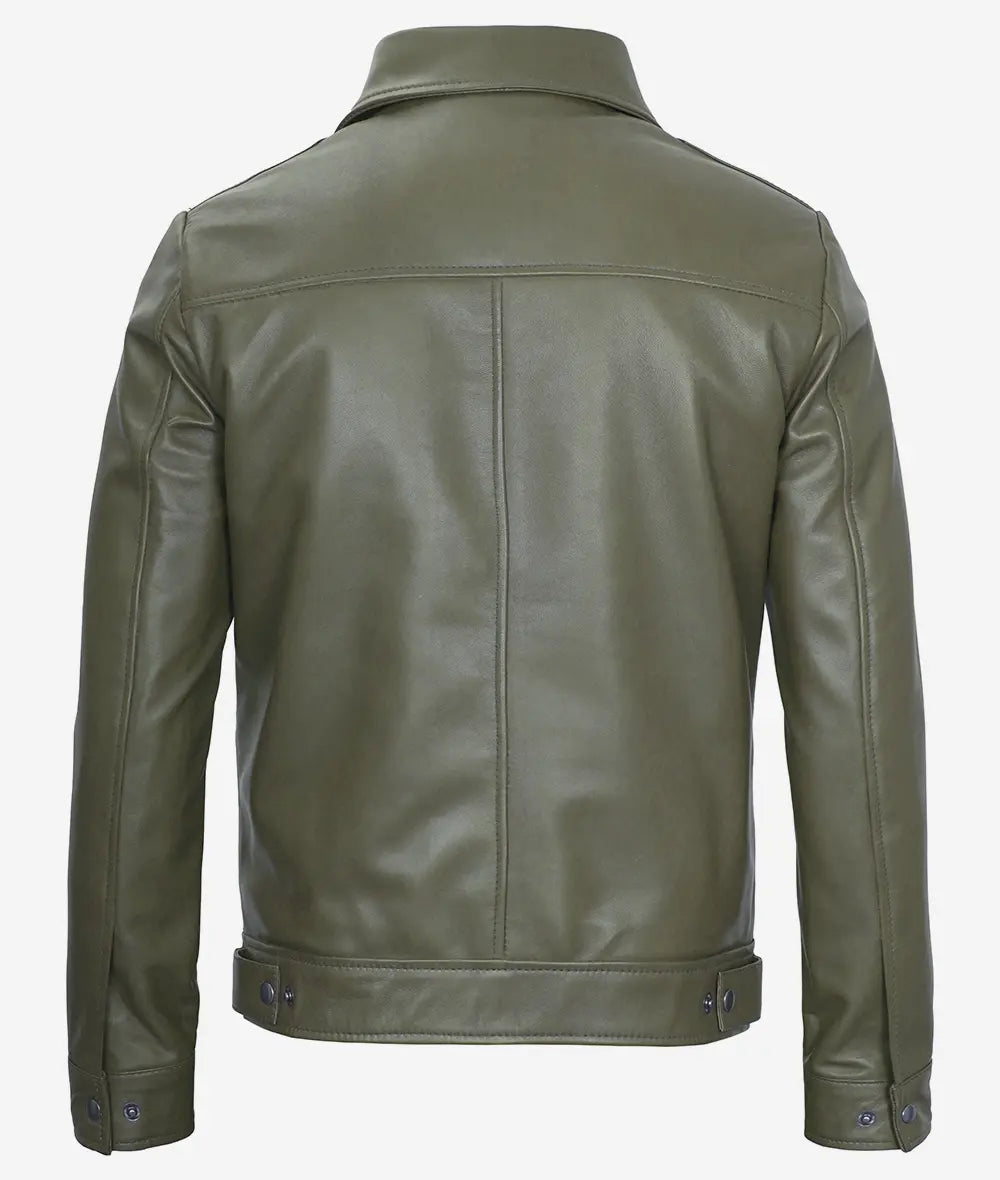 Men's Green Classic Shirt Collar Military Leather Jacket