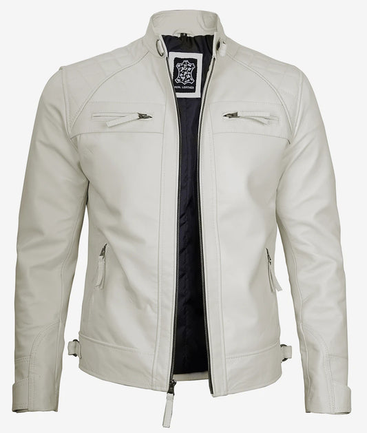 Men's Off White Quilted Shoulder Cafe Racer Leather Jacket