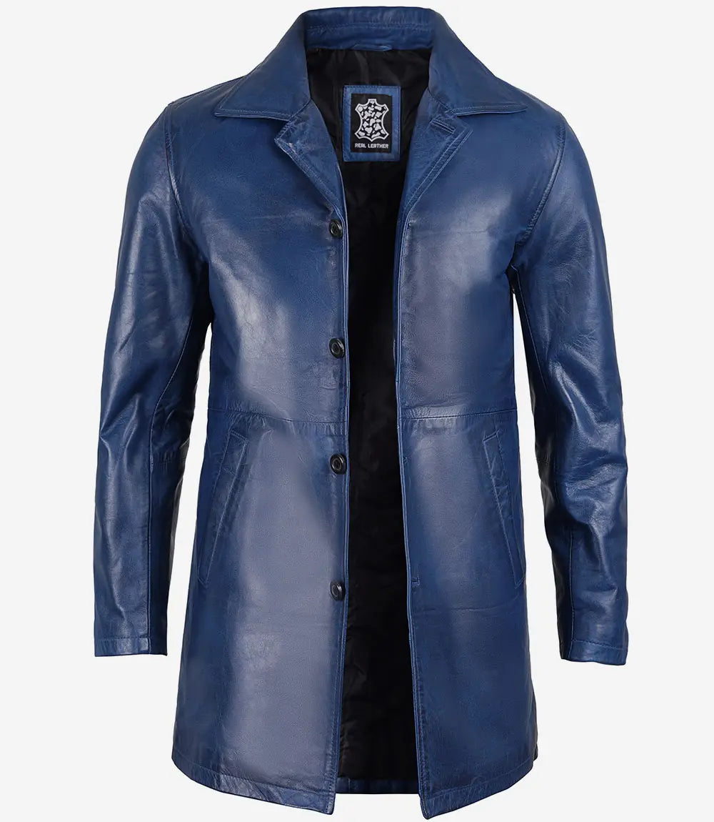 Men's Blue Waxed 3/4 Length Real Leather Car Coat