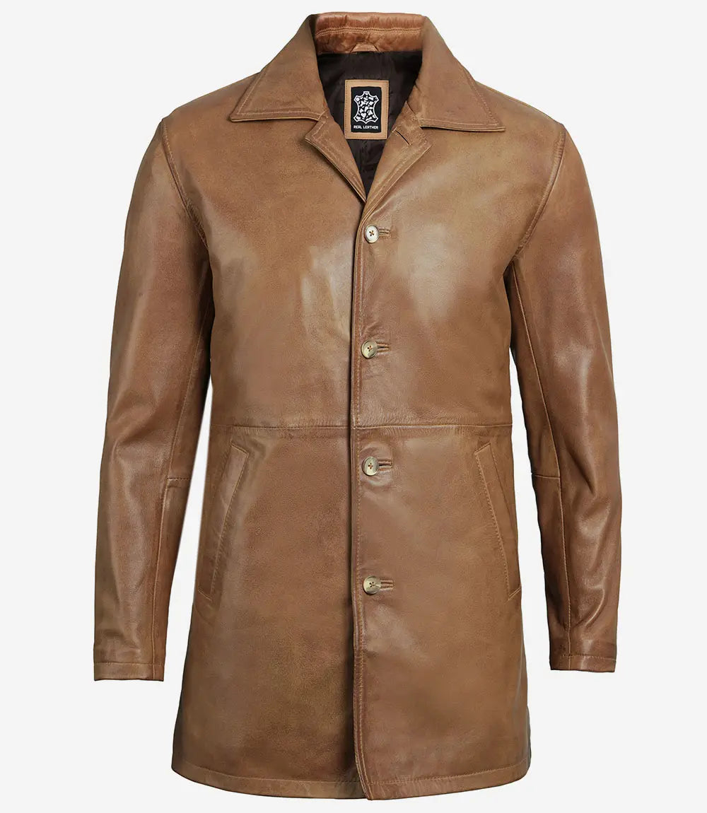 Men's Camel Brown Real Leather 3/4 Length Car Coat