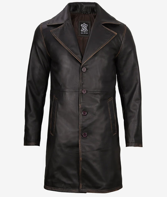 Men's Rub Off Brown 3/4 Length Real Leather Car Coat