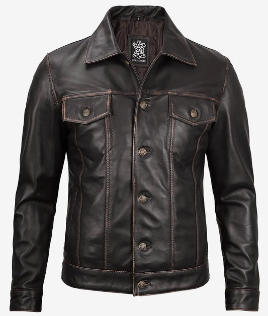 Fernando Men’s Dark Brown Trucker Real Leather Jacket