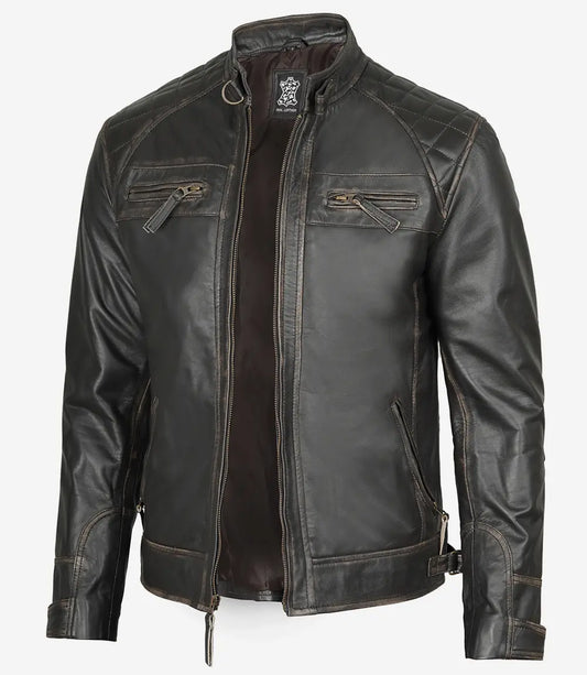 Men's Dark Brown Quilted Cafe Racer Leather Jacket