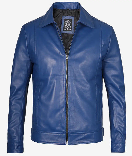 Men's Classic Shirt Style Blue Leather Jacket