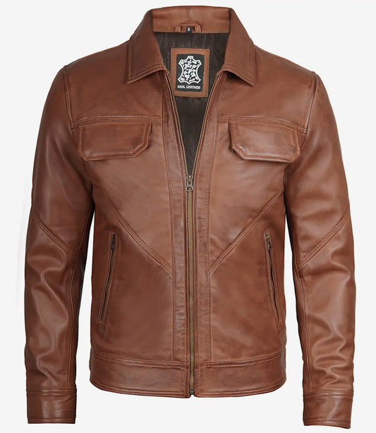 Men's Cognac Shirt Collar Trucker Leather Jacket