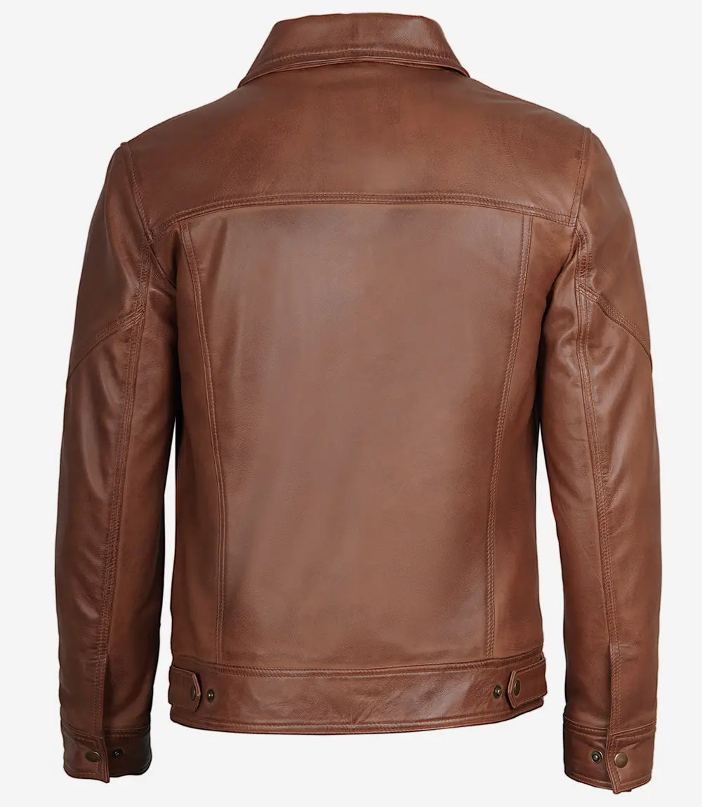 Men's Cognac Shirt Collar Trucker Leather Jacket