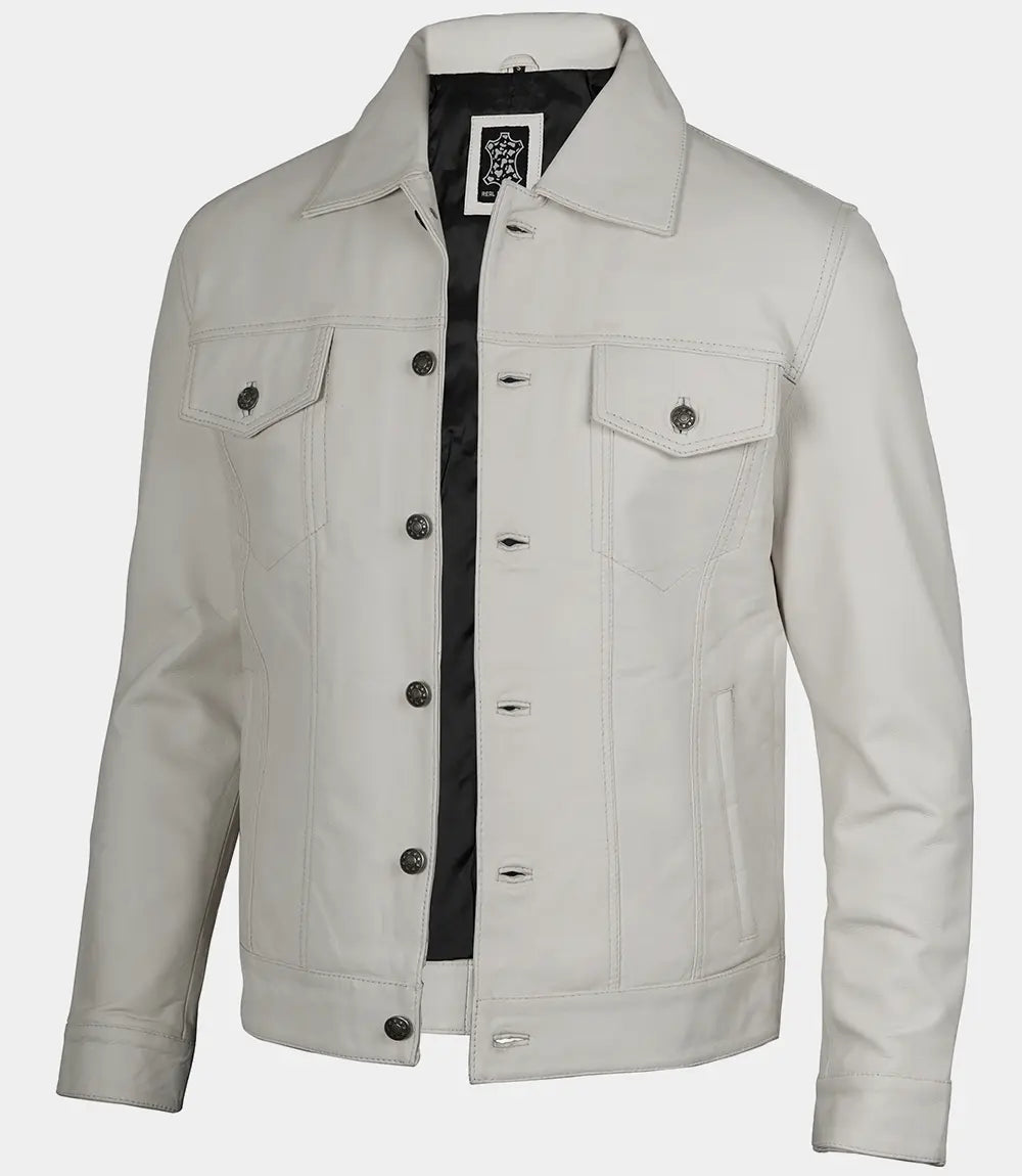 Men's Off White Four Pockets Real Leather Trucker Jacket