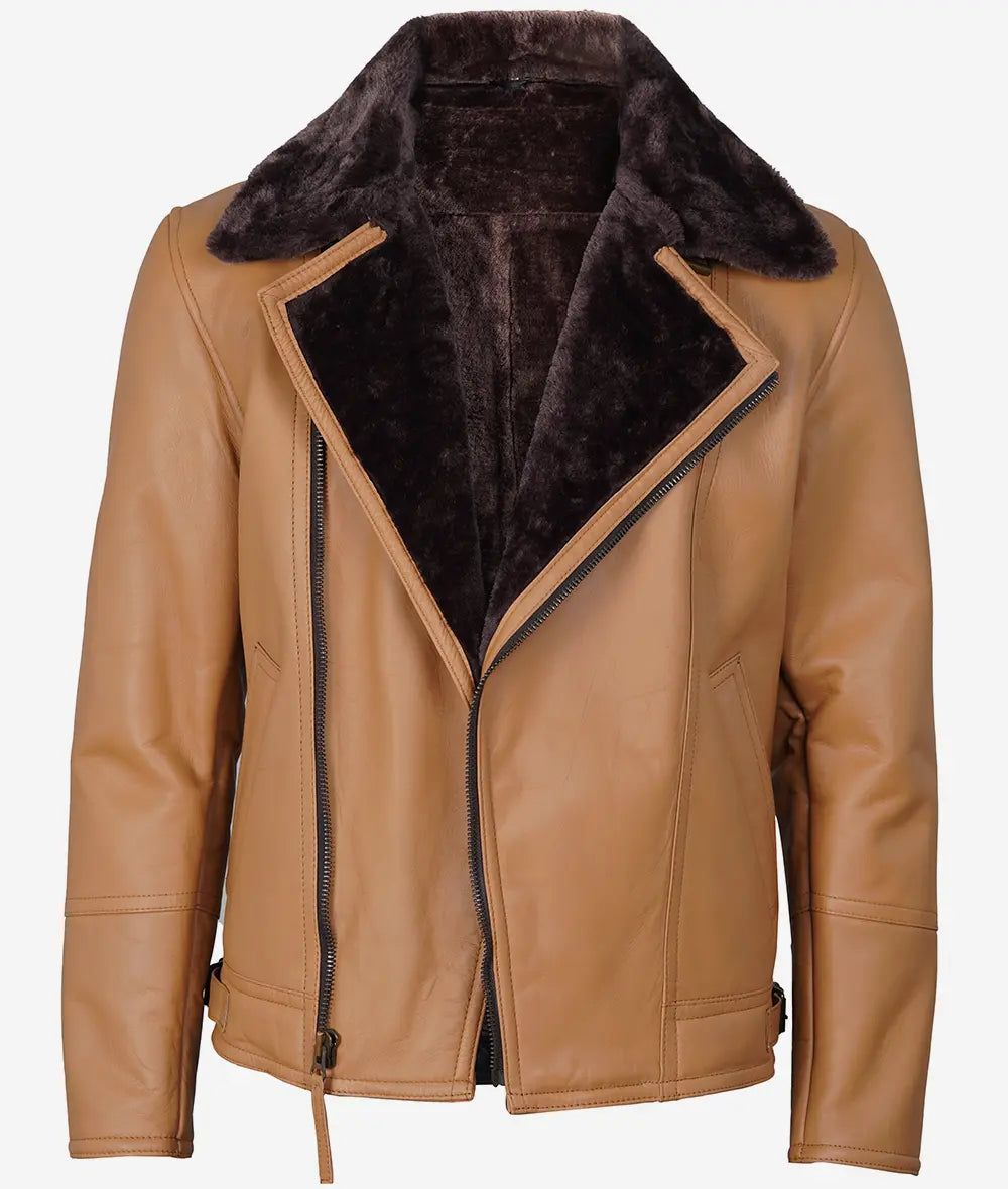 Men's Camel Brown Shearling Moto Leather Jacket