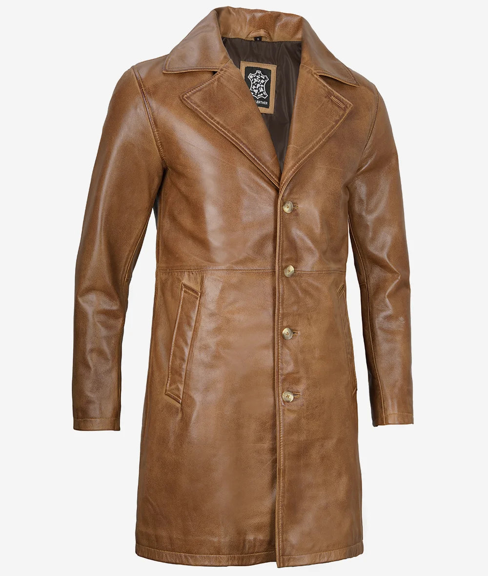 Men's Camel Brown Real Leather Car Coat