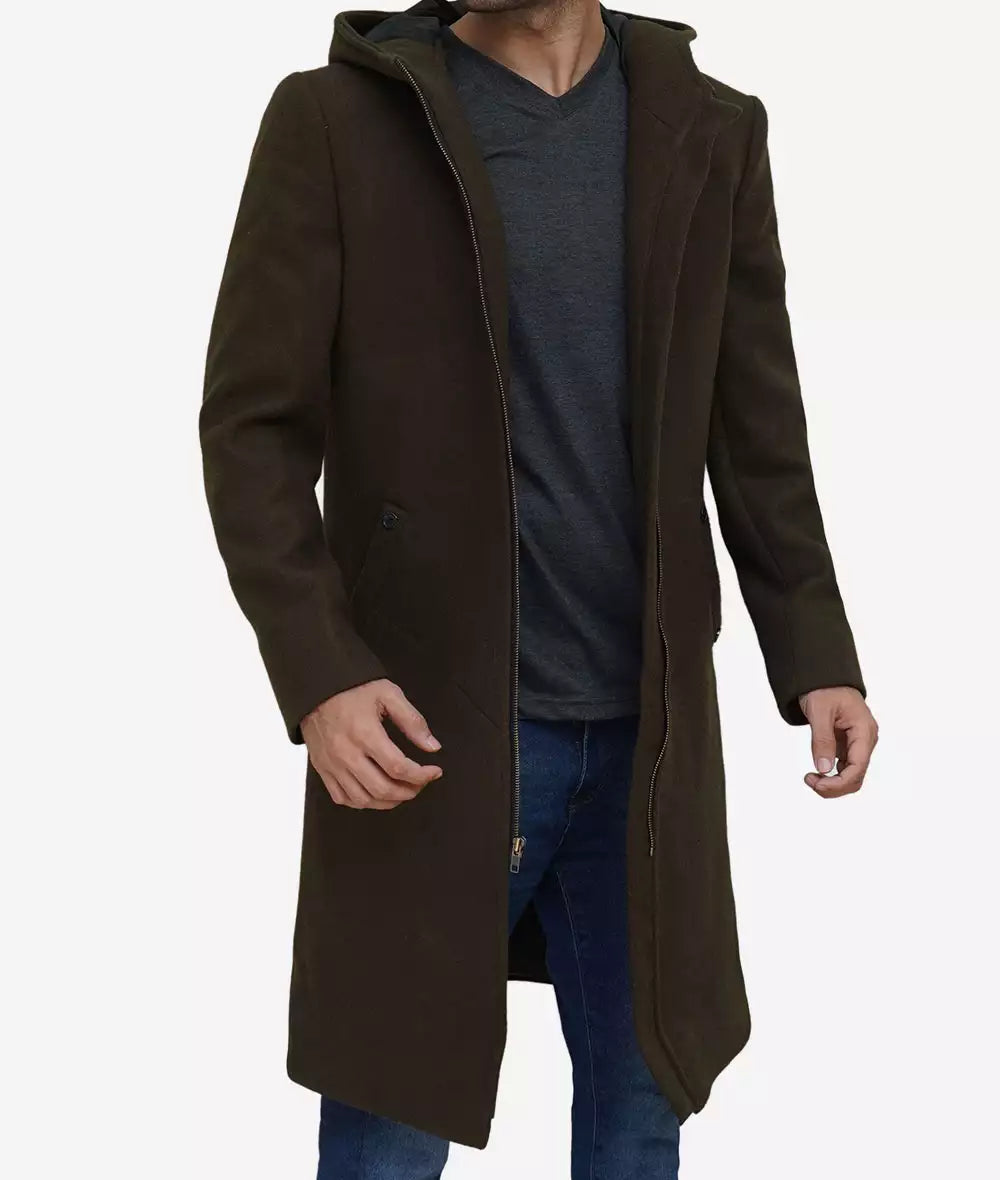 Delbert Men's Olive Green Premium Wool Coat with Hood