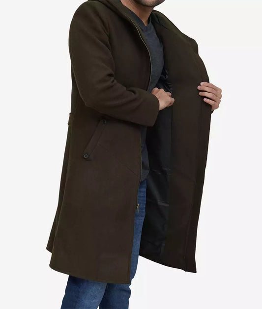 Delbert Men's Olive Green Premium Wool Coat with Hood