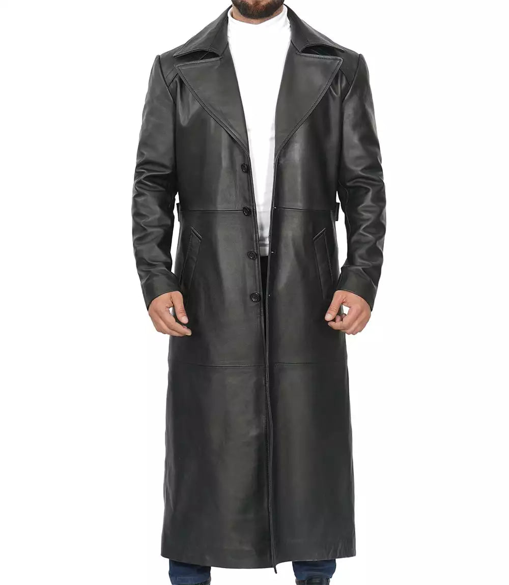 Men's Black Full-Length Leather Trench Coat