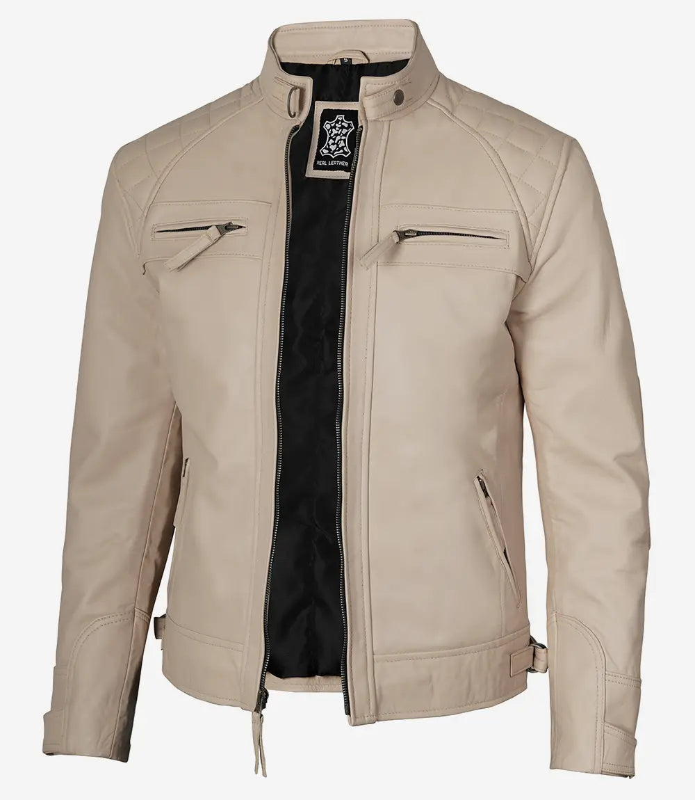 Men’s Cafe Racer Beige Real Leather Jacket - Quilted Shoulder