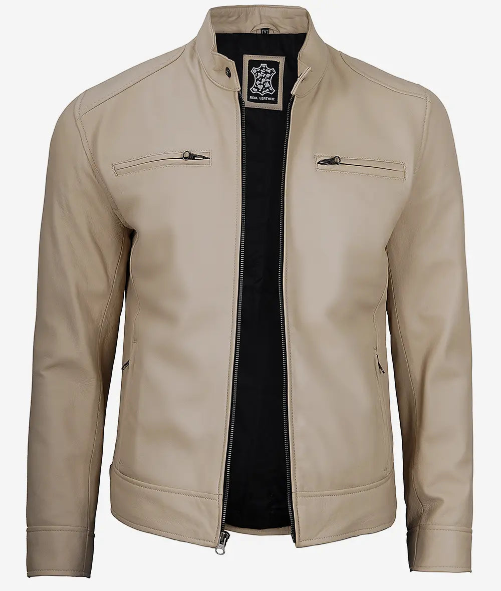 Men's Beige Cafe Racer Leather Jacket