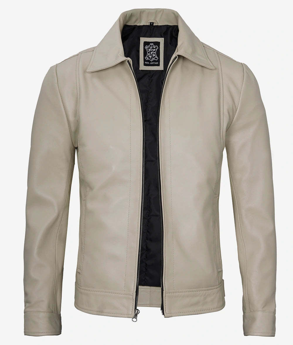 Men's Beige Classic Shirt Collar Real Leather Jacket