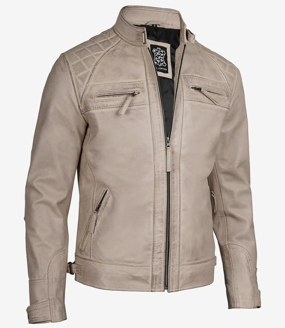 Men's Cafe Racer Quilted Shoulder Beige Leather Jacket