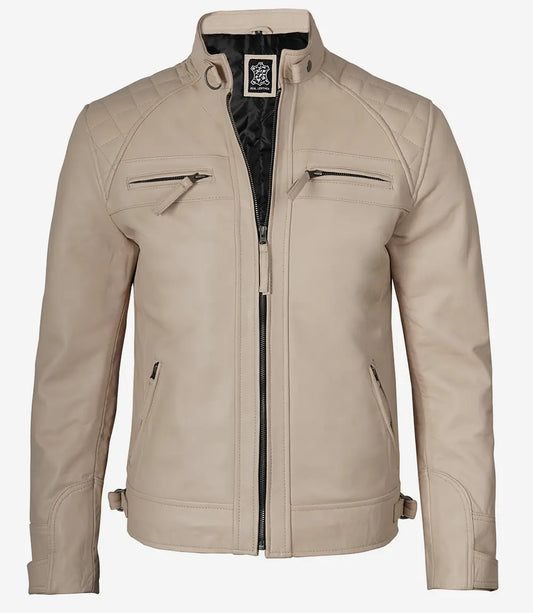 Men’s Cafe Racer Beige Real Leather Jacket - Quilted Shoulder