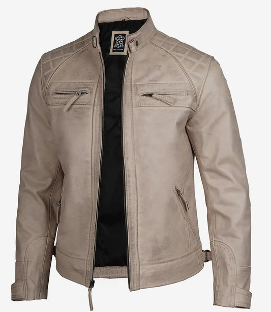 Men's Cafe Racer Quilted Shoulder Beige Leather Jacket