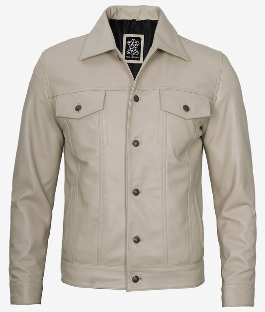 Men's Beige Real Lambskin Leather Trucker Jacket