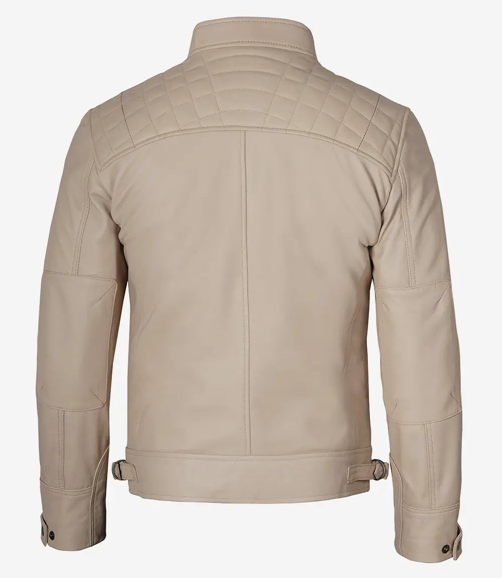 Men’s Cafe Racer Beige Real Leather Jacket - Quilted Shoulder