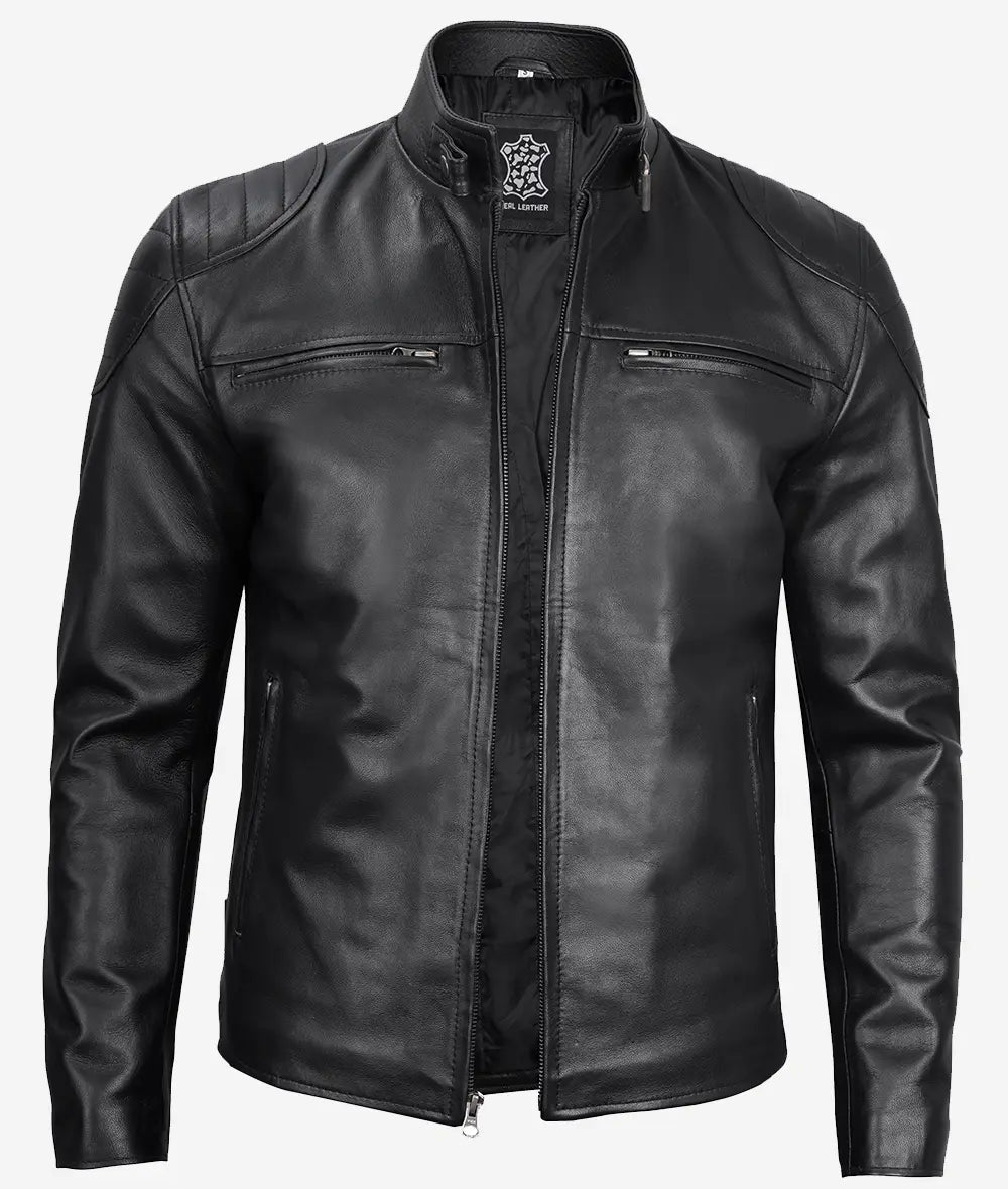 Men's Cafe Racer Black Lambskin Leather Jacket