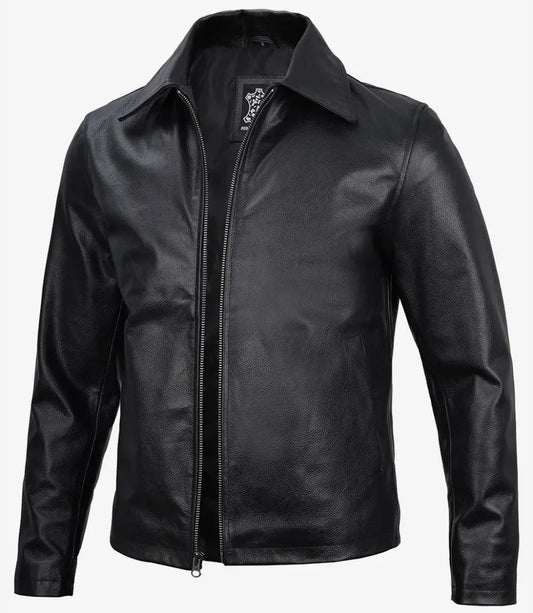 Men's Black Cowhide Shirt Collar Leather Jacket