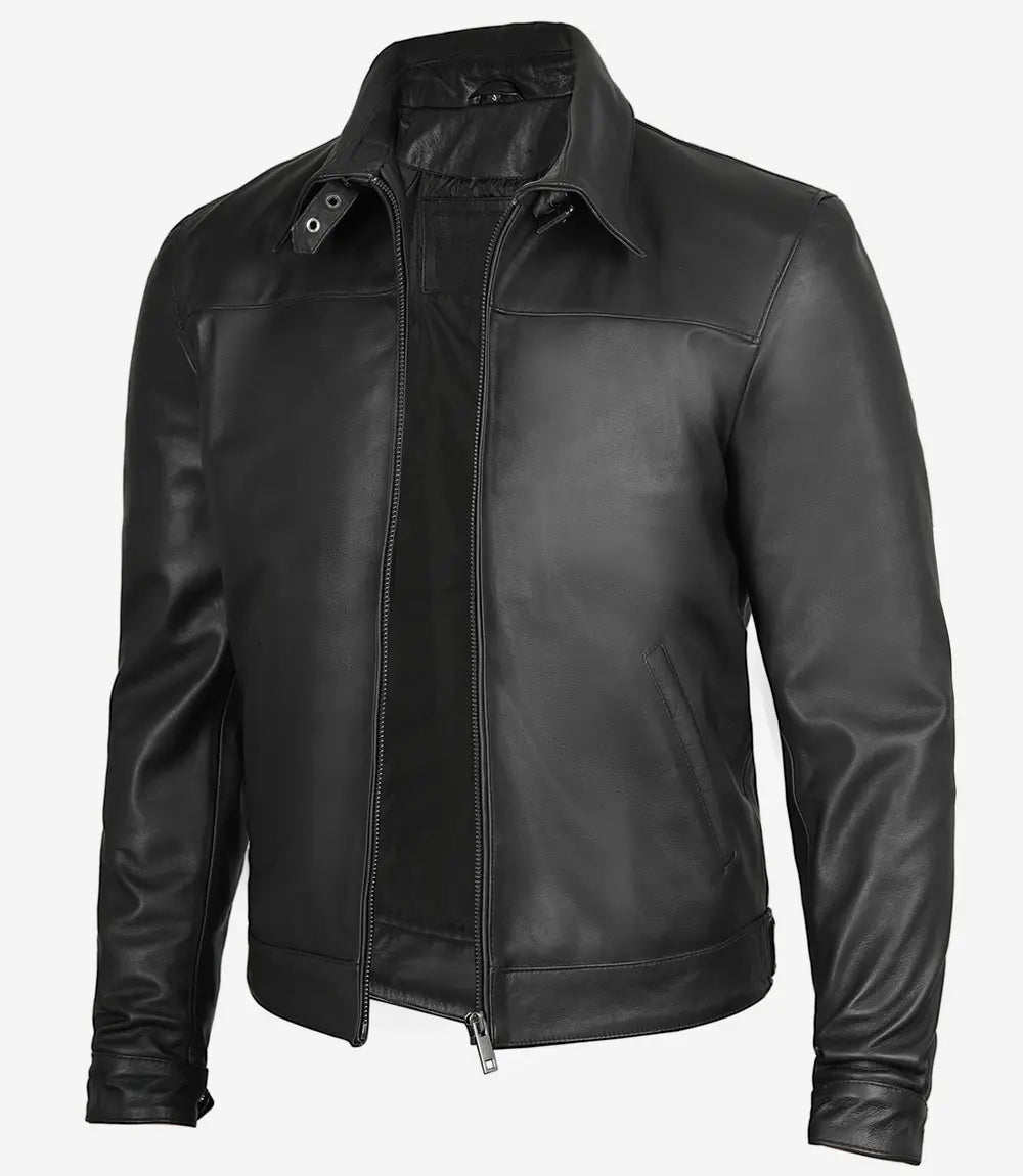 Men's Black Premium Shirt Collar Real Leather Jacket