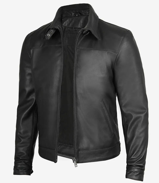 Men's Black Premium Shirt Collar Real Leather Jacket