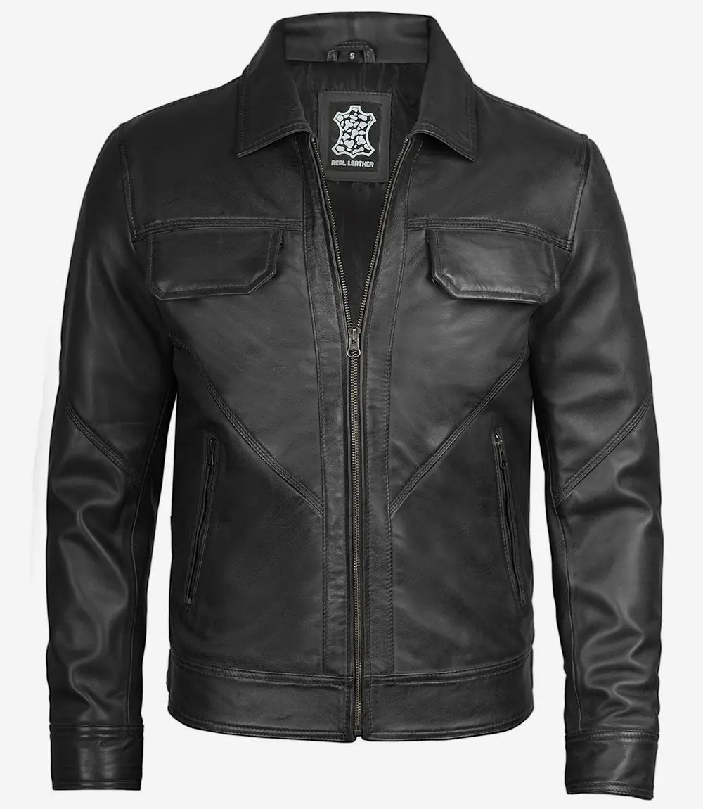 Men's Classic Black Shirt Collar Trucker Leather Jacket