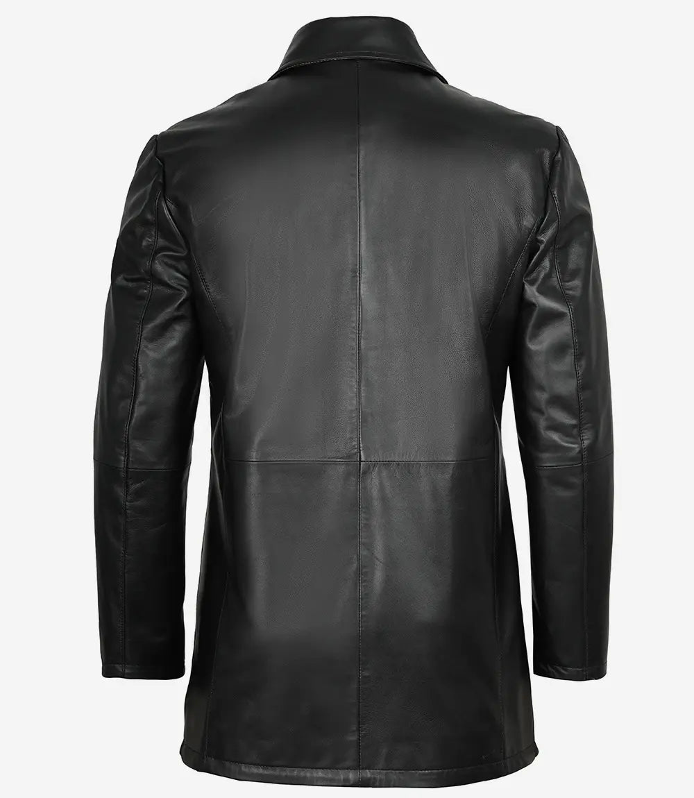 Men's Black 3/4 Length Leather Coat - Brown Detailing