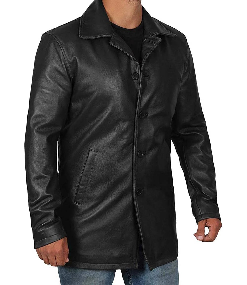 Men's Button Down Real Leather Black Car Coat