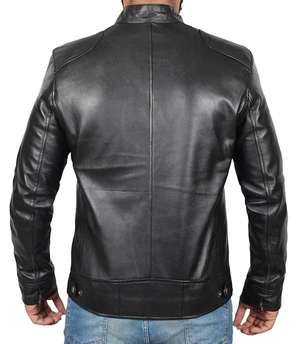 Men's Cafe Racer Genuine Black Lambskin Leather Jacket