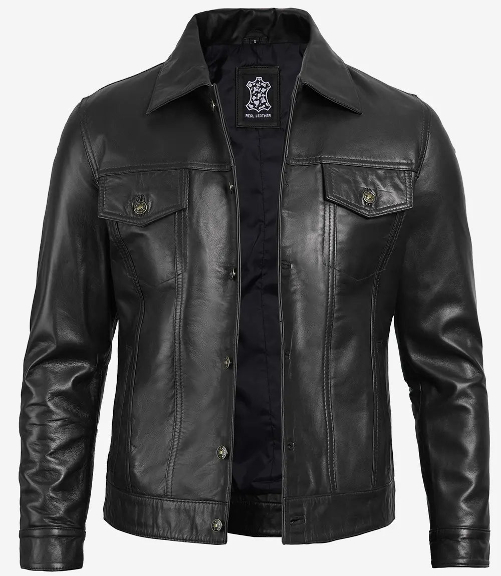 Men's Four Pocket Black Trucker Leather Jacket