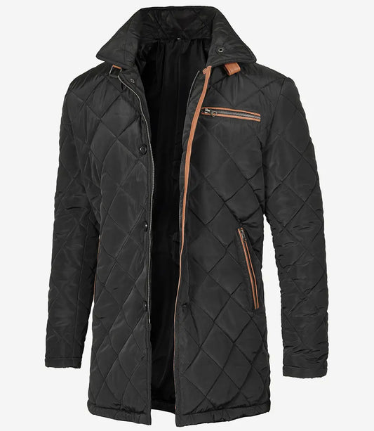 Men's Black Quilted 3/4 Length Polyester Coat - Brown Detailing