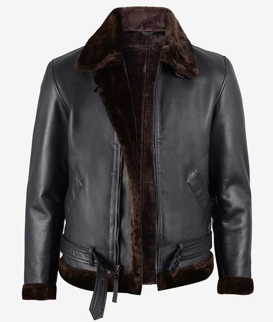 Men's Black Shearling Leather Jacket with Brown Fur