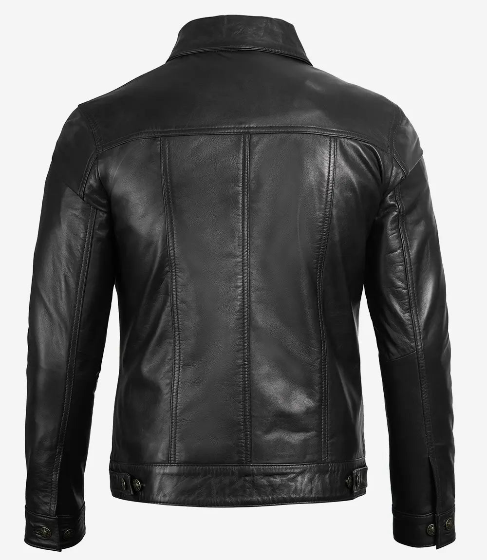 Men's Four Pocket Black Trucker Leather Jacket