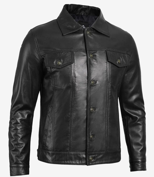 Men's Four Pocket Black Trucker Leather Jacket